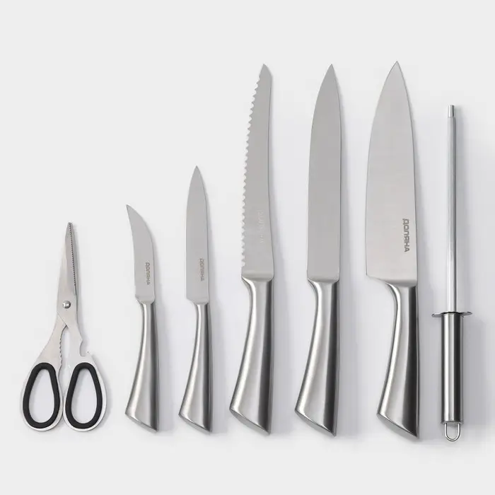 Набор ножей кухонных на подставке Доляна Ardone, 7 предметов: 5 ножей, мусат и ножницы, хромированный