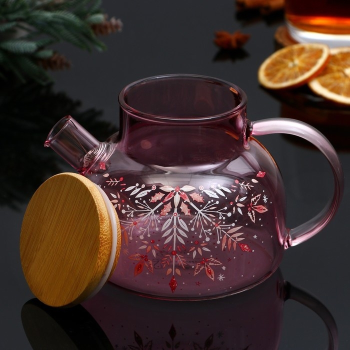 Новый год. Чайник заварочный стеклянный с бамбуковой крышкой «Розовая сказка», 600 мл Новый год. Чайник заварочный стеклянный с бамбуковой крышкой «Розовая сказка», 600 мл