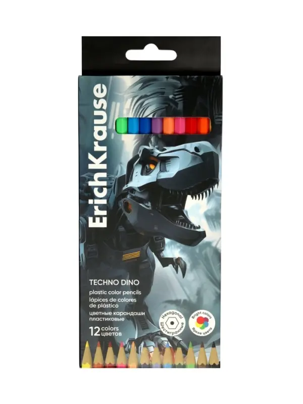 Карандаши 12 цветов, ErichKrause Techno Dino, пластиковые, шестигранные