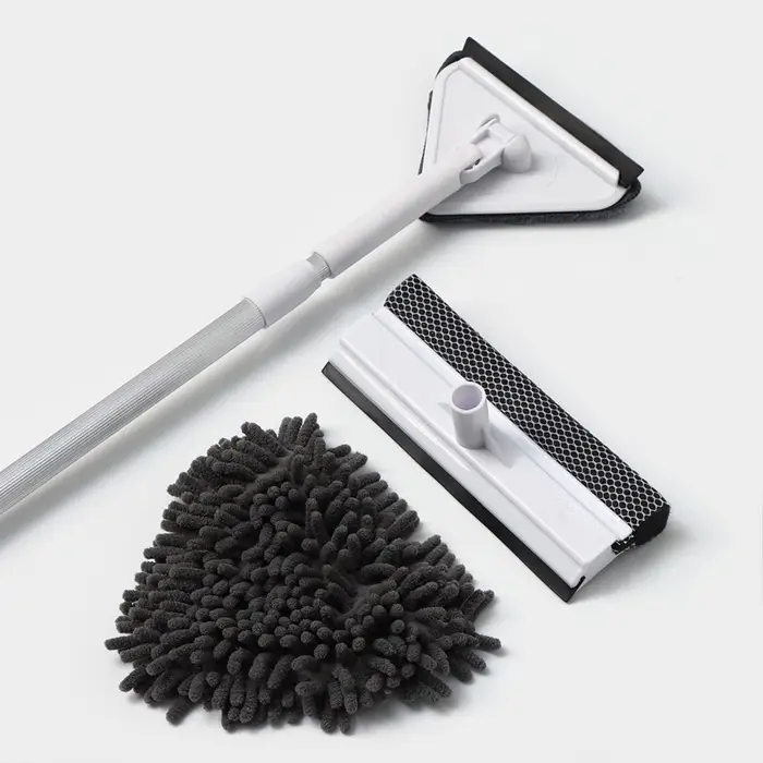 Щётка для окон, телескопическая ручка 47(80.5) см, поролон, две насадки из микрофибры с держателем 11.5&times;6.5 см