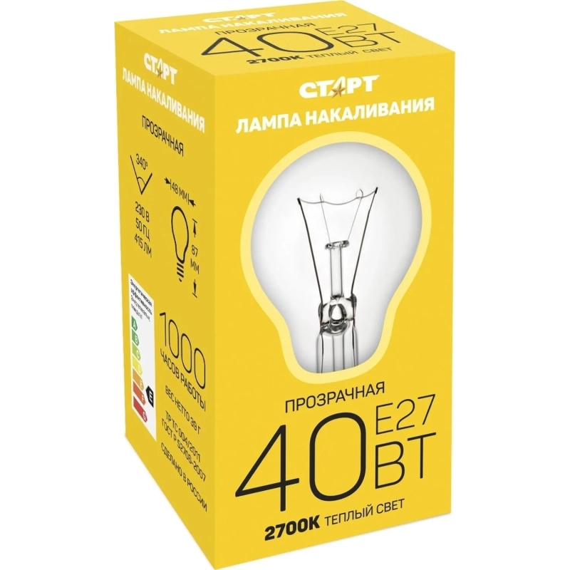 Лампа накаливания СТАРТ стандартная/прозрачная 40W E27