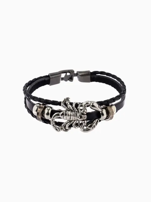 Браслет кожаный &laquo;Унисекс. Скорпион&raquo;, L=20 см, бусины микс, чернёный в серебре