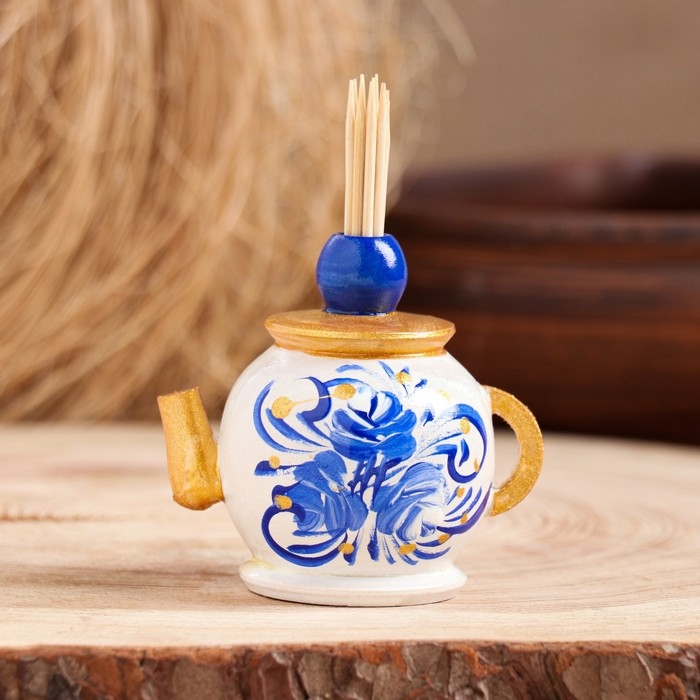 Подставка под зубочистки «Чайник», 5 см, бело-синяя Подставка под зубочистки «Чайник», 5 см, бело-синяя