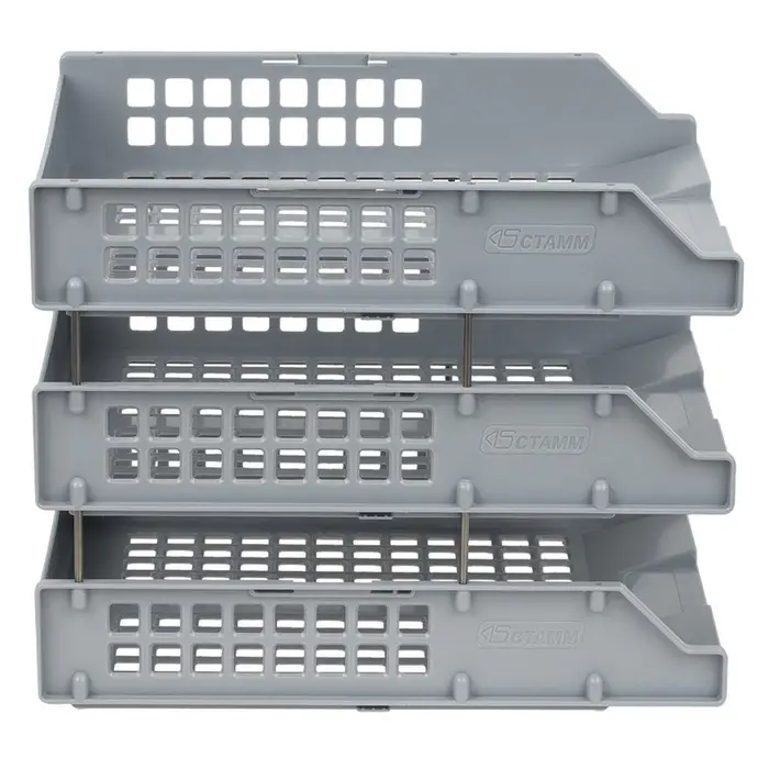 Набор лотков для бумаг &laquo;Стамм&raquo; STRONG, А4, горизонтальный, на металлических стержнях, 3 отделения, серый