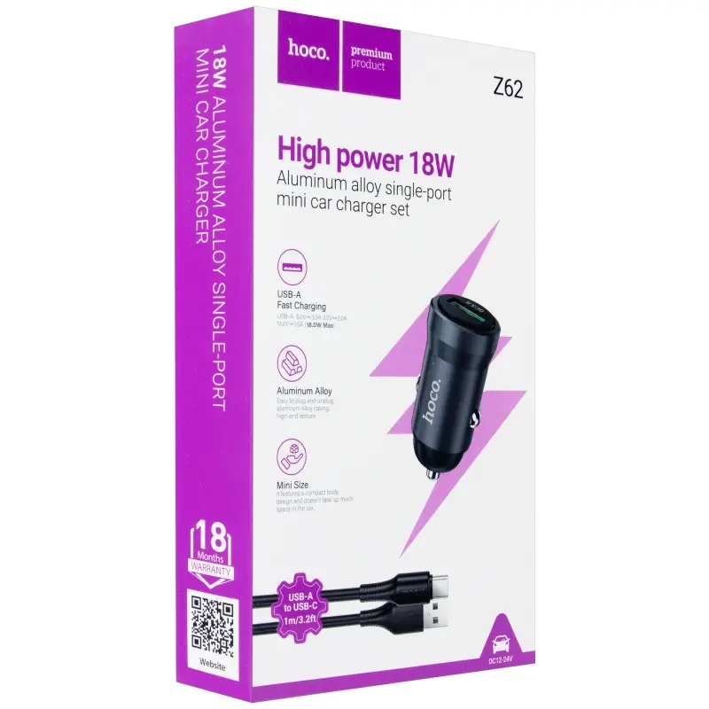 Автомобильное зарядное устройство с кабелем USB на Type-C USB QC3.0 Z62 Hoco серый