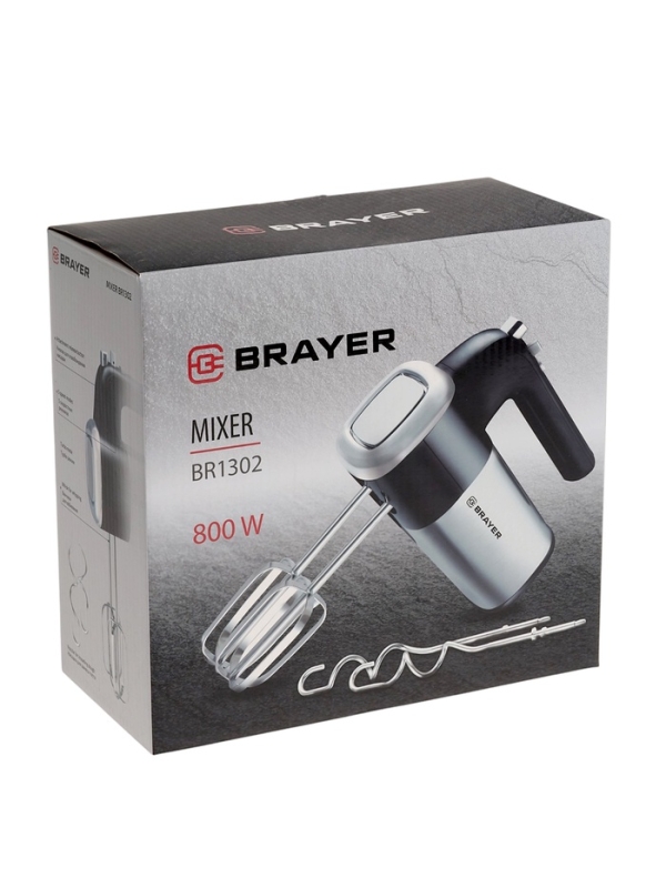 Миксер BRAYER 1302BR, ручной, 800 Вт, 5 скоростей, 2 насадки, чёрно-серый Миксер BRAYER 1302BR, ручной, 800 Вт, 5 скоростей, 2 насадки, чёрно-серый