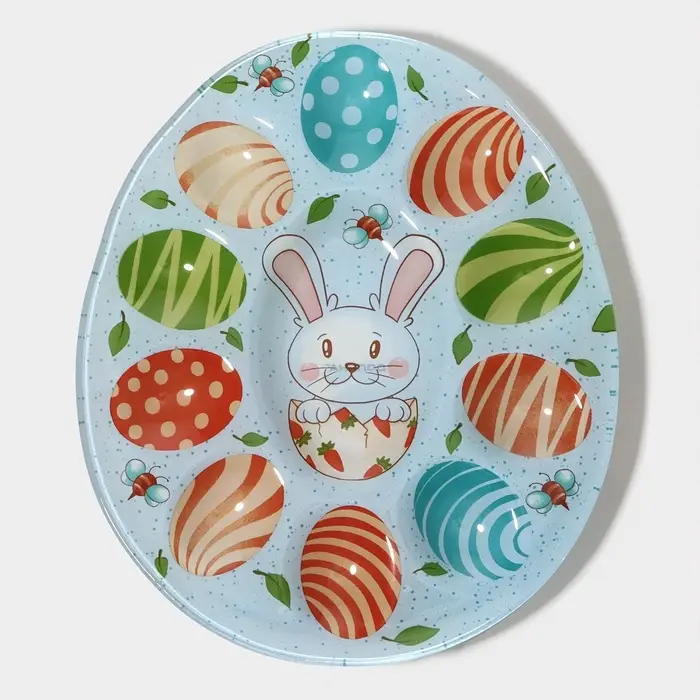 Подставка для яиц Доляна &laquo;Зайка&raquo;, 24&times;20.6 см, 10 ячеек, стекло, голубая