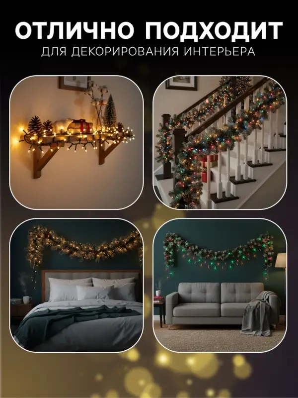 Гирлянда &laquo;Нить&raquo; 7 м, IP20, тёмная нить, 180 ламп, свечение тёплое белое, 8 режимов, 220 В