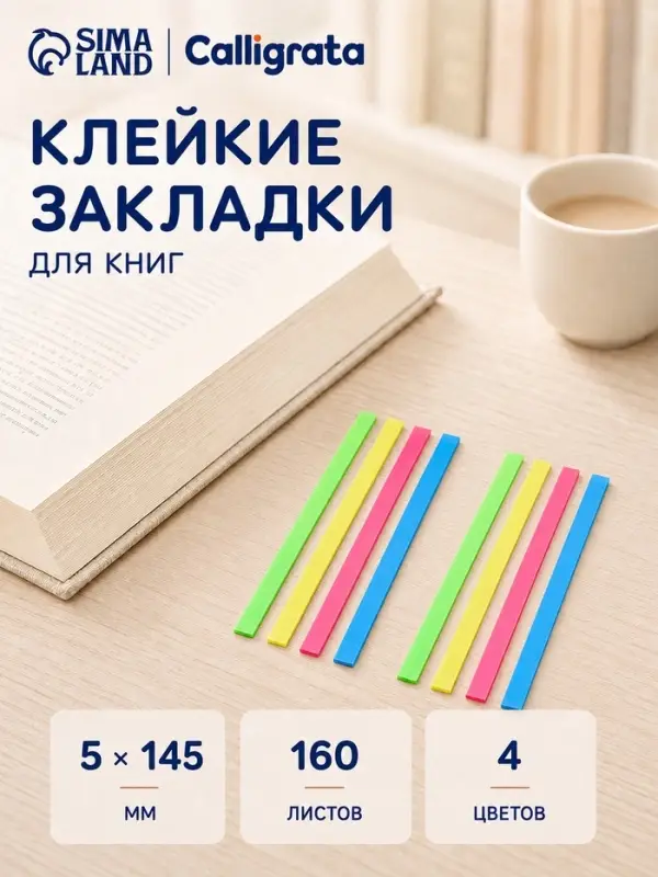 Блок-закладка с липким краем, 4 цвета, 8 блоков по 20 штук, 145&times;5 мм, флуоресцентные, пластиковые