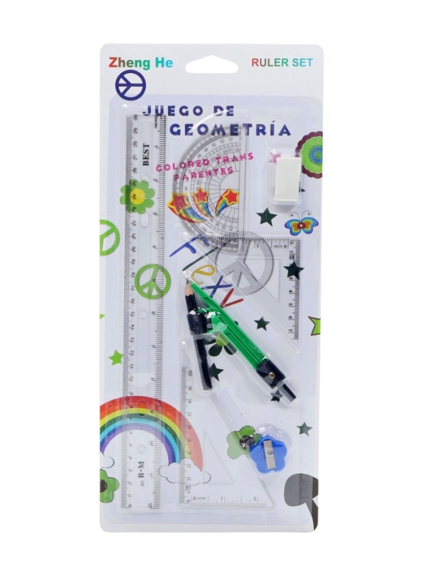 Набор геометрический: линейка 30 см, 2 угольника, транспортир, точилка, ластик, циркуль Набор геометрический: линейка 30 см, 2 угольника, транспортир, точилка, ластик, циркуль