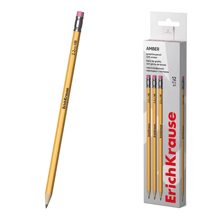 Карандаш чернографитный с ластиком, ErichKrause, Amber 101, НВ, дерево, шестигранный, в коробке, жёлтый корпус Карандаш чернографитный с ластиком, ErichKrause, Amber 101, НВ, дерево, шестигранный, в коробке, жёлтый корпус