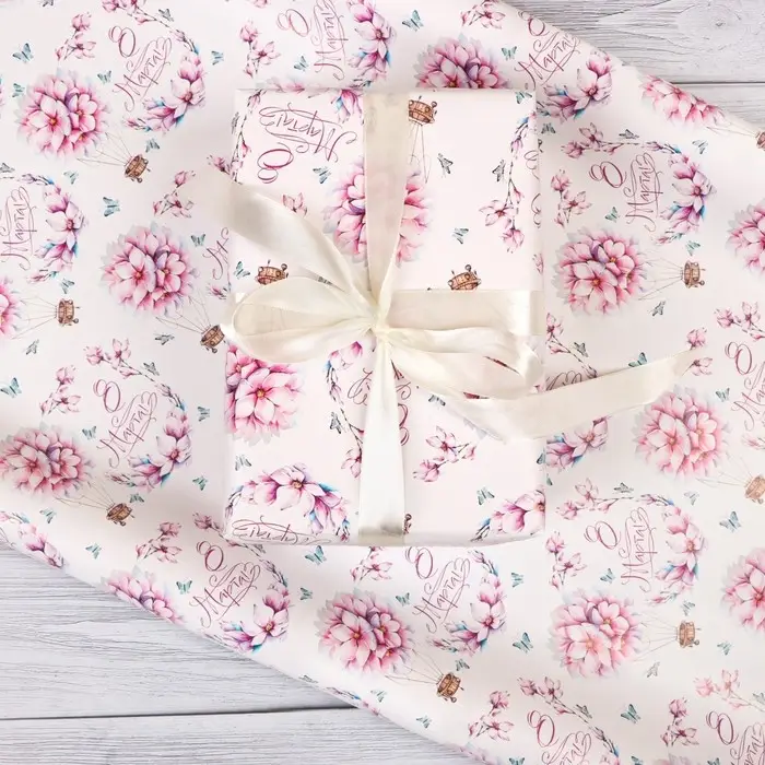 Бумага упаковочная глянцевая «Цветы на воздушном шаре», 70×100 см, 1 шт.