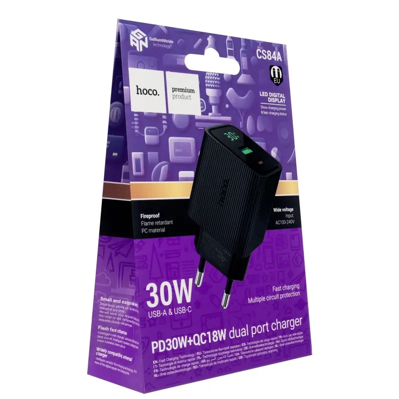 Переходник сетевого зарядного устройства на Type-C PD30W + USB QC3.0  CS84A HOCO черный