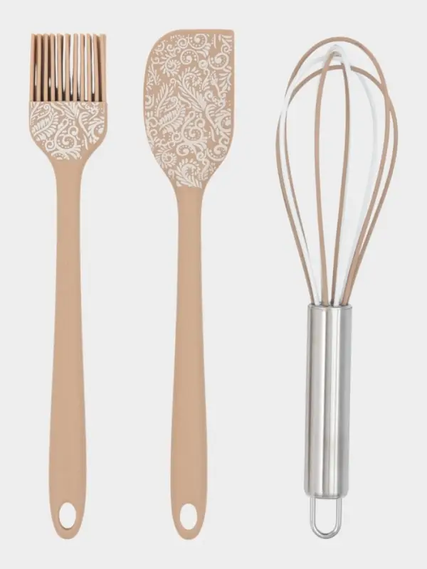 Набор кухонных принадлежностей "Белая роспись" 3 предмета: лопатка, кисточка,венчик