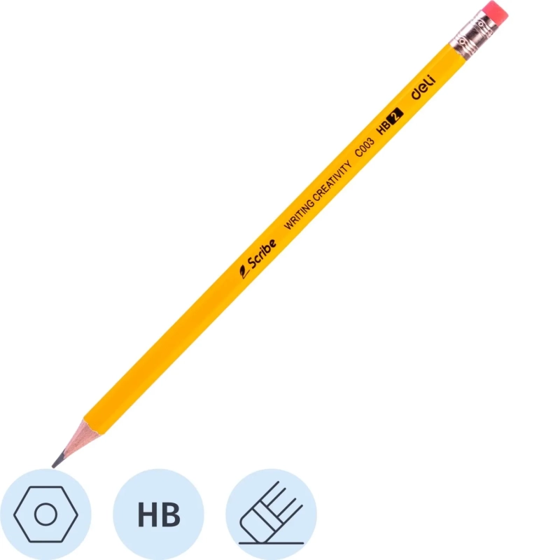 Карандаш чернографитный Deli Scribe HB 6-гр, с ластиком, желтый EC003-HB