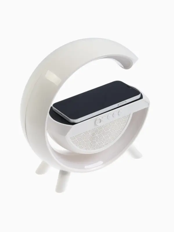 Колонка портативная - ночник, Bluetooth, беспроводная зарядка, часы, RGB-подсветка, 15 Вт, 3 А, белая