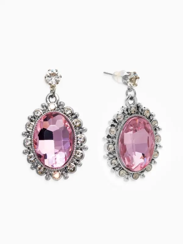 Серьги со стразами "Овал грань", цвет розовый в серебре