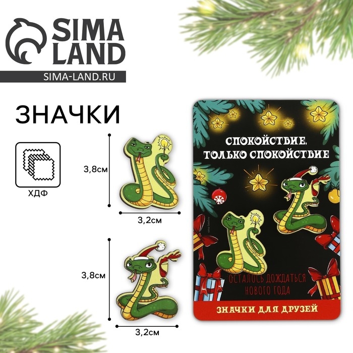 Значки новогодние «Новый год: две змейки», набор, 2 шт Значки новогодние «Новый год: две змейки», набор, 2 шт