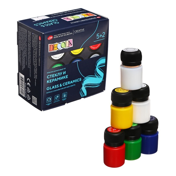 Набор красок по стеклу и керамике Decola: 5 цветов х 20 мл, 2 контура х 18 мл, разбавитель, 4041176 Набор красок по стеклу и керамике Decola: 5 цветов х 20 мл, 2 контура х 18 мл, разбавитель, 4041176