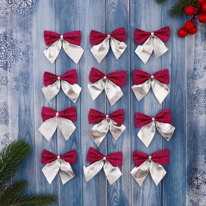 Украшение ёлочное Украшение ёлочное "Бант" (набор 12 шт) 5,5х5 см, серебристо-сиреневый