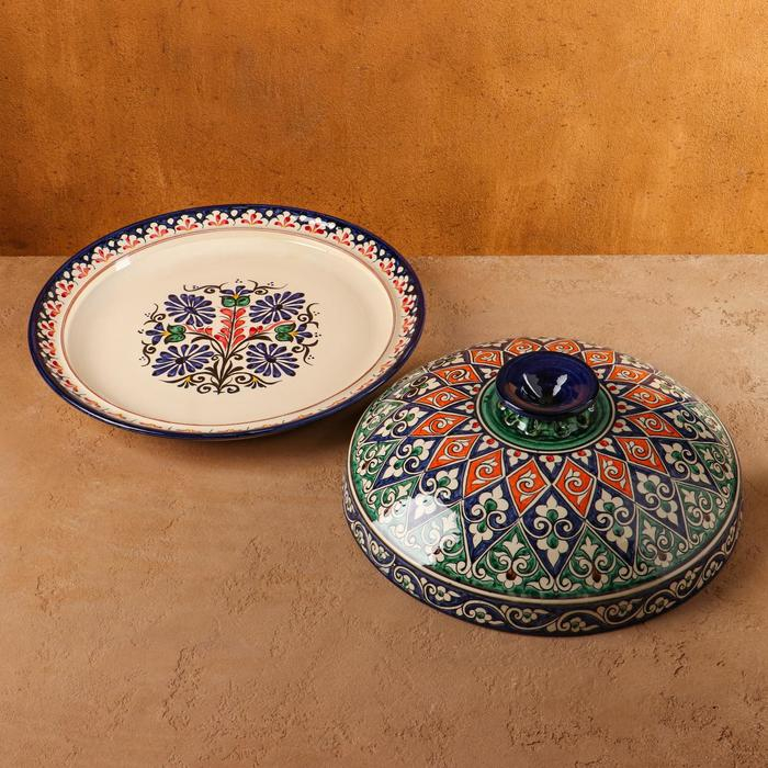 Блинница Риштанская Керамика  Блинница Риштанская Керамика "Цветы", 38 см, синий микс