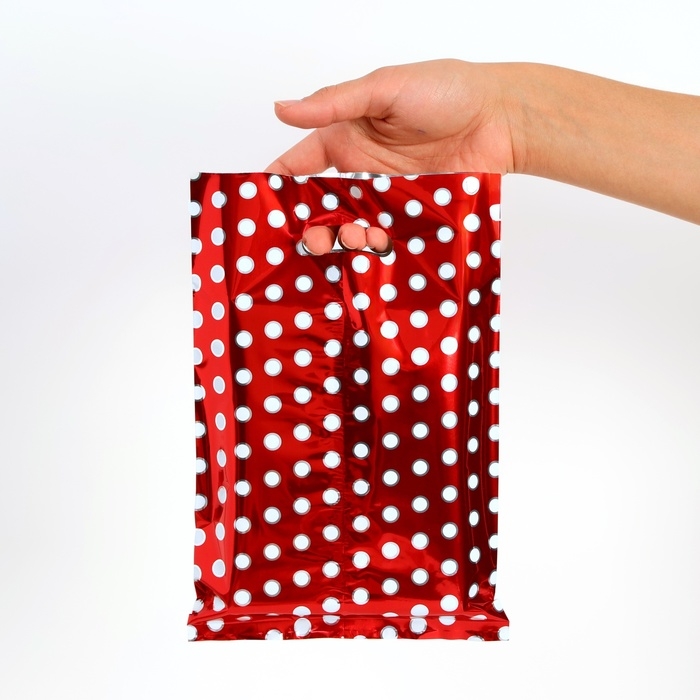 Набор подарочных пакетов, металлизированныей, Набор подарочных пакетов, металлизированныей, "Горох" красный 17х25 см , 20 микрон 10 шт набор