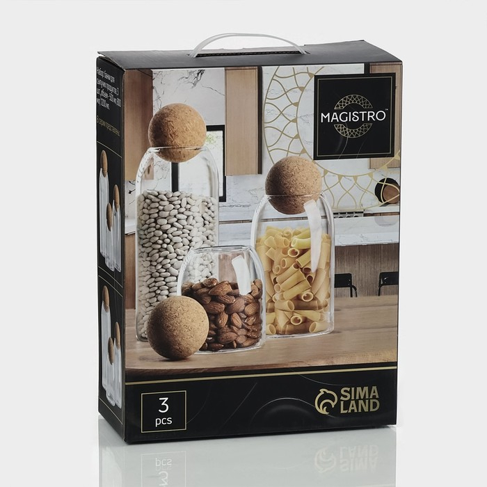 Банки стеклянные для хранения сыпучих продуктов Magistro «Эко», 3 предмета: 450/700/1000 мл, с пробковой крышкой Банки стеклянные для хранения сыпучих продуктов Magistro «Эко», 3 предмета: 450/700/1000 мл, с пробковой крышкой