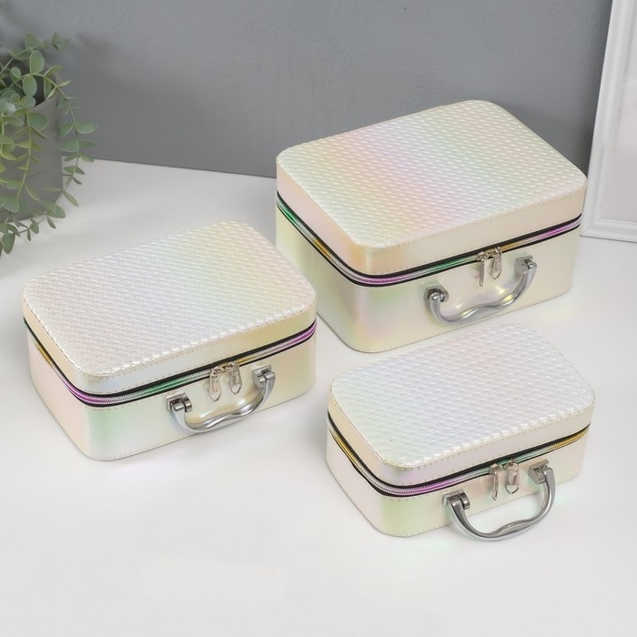 Шкатулка кожзам с зеркалом Шкатулка кожзам с зеркалом "Плетение" бежевая н-р 3 шт 19,4х12,5х8 22х16х9 11,5х24,5х18,5 см