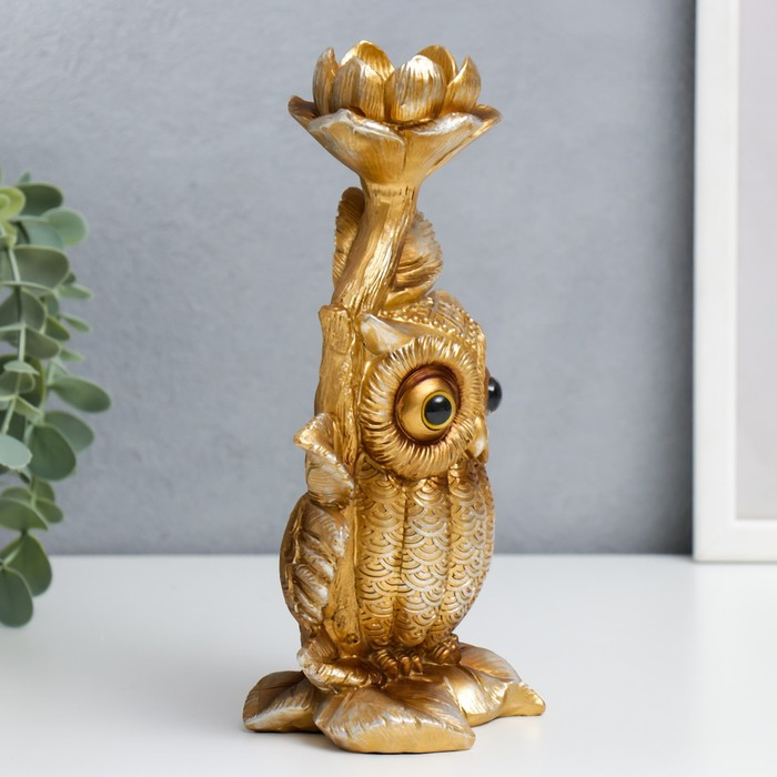 Подсвечник полистоун подставка  Подсвечник полистоун подставка "Филин Генрих пучеглазый с цветком" бронза 21х8,5х12 см