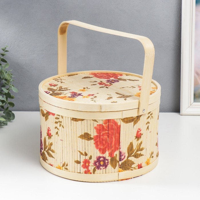 Шкатулка бамбук Шкатулка бамбук "Сад с пионами" круглая, с ручками 16х26х26 см