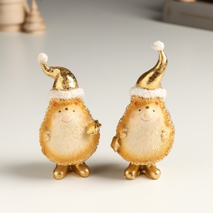 Сувенир полистоун  Сувенир полистоун "Золотой ёжик в новогоднем колпаке, со звёздочкой" МИКС 4,5х5х11 см