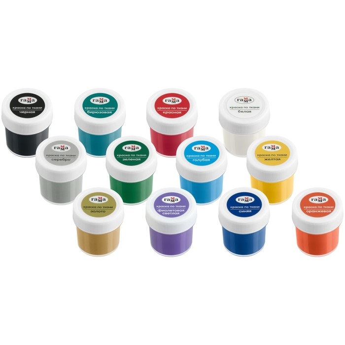 Краска по ткани акриловая, набор 12 цветов х 20 мл Гамма Краска по ткани акриловая, набор 12 цветов х 20 мл Гамма "Хобби" 100712