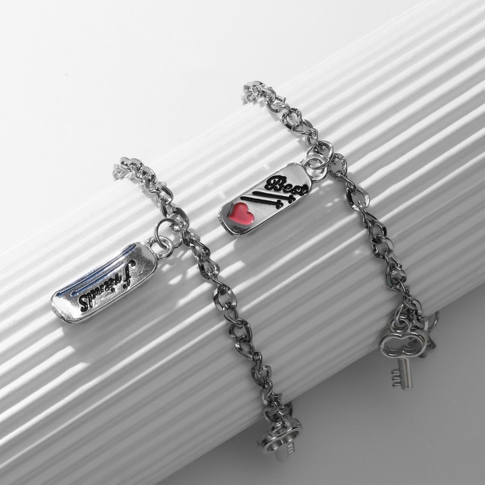 Браслеты «Неразлучники» скейт с ключиками, цвет сине-розовый в серебре, 17 размер