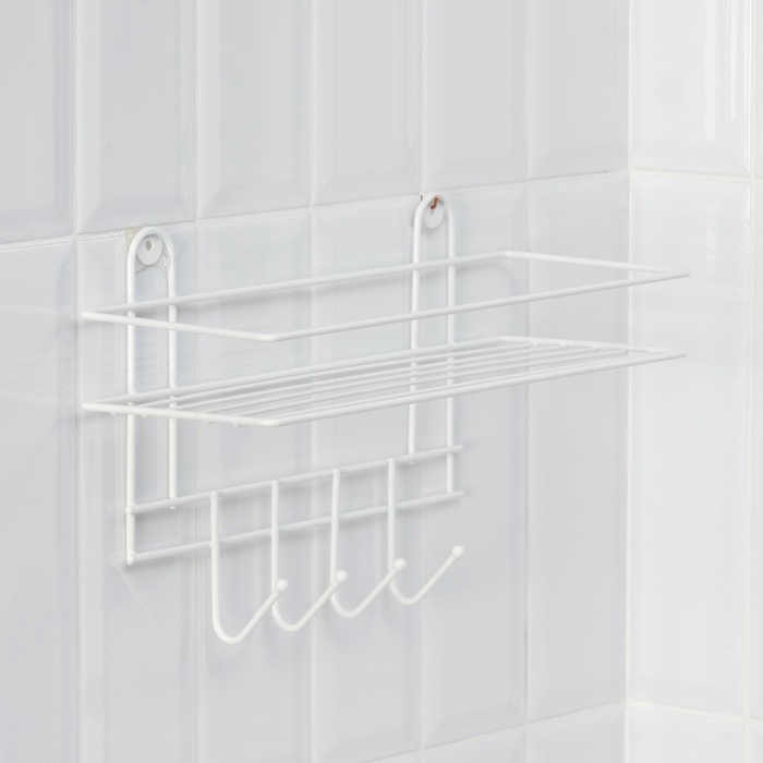 Полка для ванной прямая, 4 крючка, 33×12,5×4,5 см, цвет белый Полка для ванной прямая, 4 крючка, 33×12,5×4,5 см, цвет белый