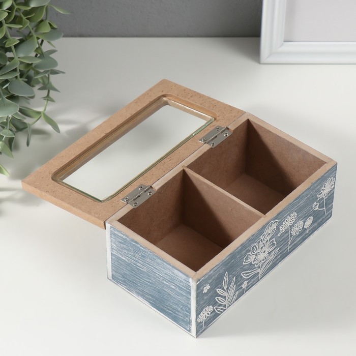 Шкатулка дерево 2 деления  Шкатулка дерево 2 деления "Полевые растения" синяя 8,8х16,2х7 см