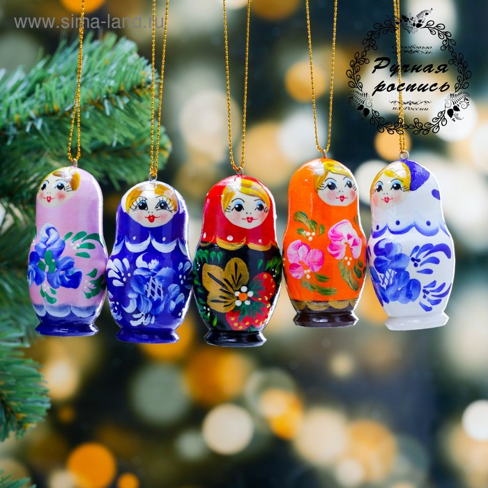 Набор ёлочных подвесок «Матрёшки», 5 шт, 3×7 см, микс, ручная роспись Набор ёлочных подвесок «Матрёшки», 5 шт, 3×7 см, микс, ручная роспись