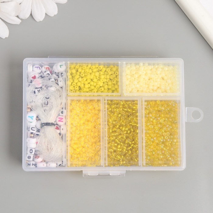 Бисер стекло 8/0 в шкатулке  Бисер стекло 8/0 в шкатулке "Жёлтый" бусины + нить 0,8 мм 5 м 12х8,4х2,2 см