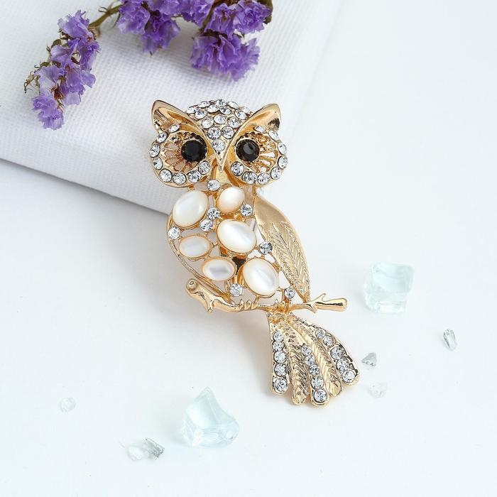 Брошь &laquo;Сова&raquo;, цвет белый в золоте