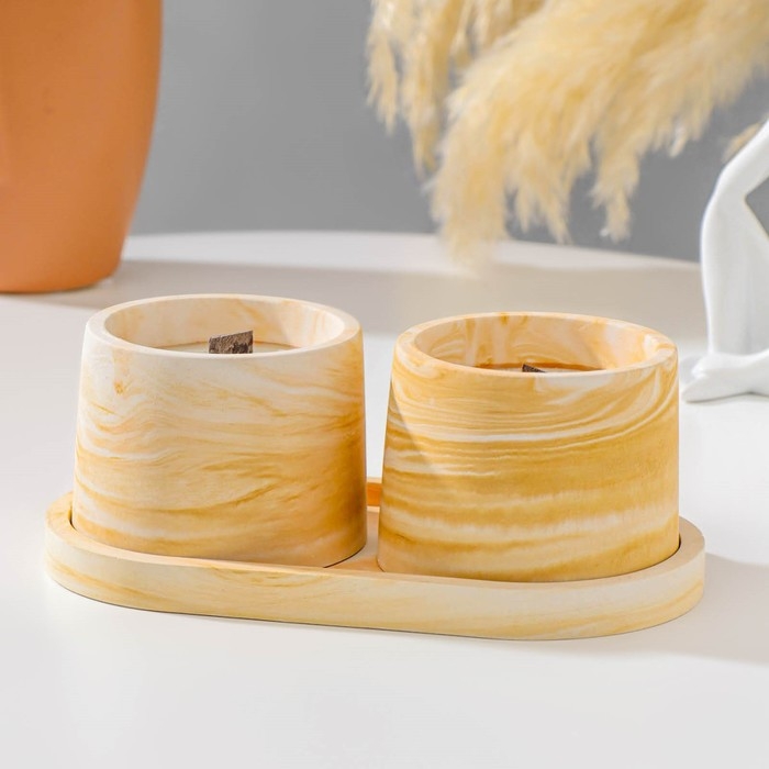 Свечи в бетоне на подставке  Свечи в бетоне на подставке "Лофт", соевый воск, деревянный фитиль, бело-горчичная