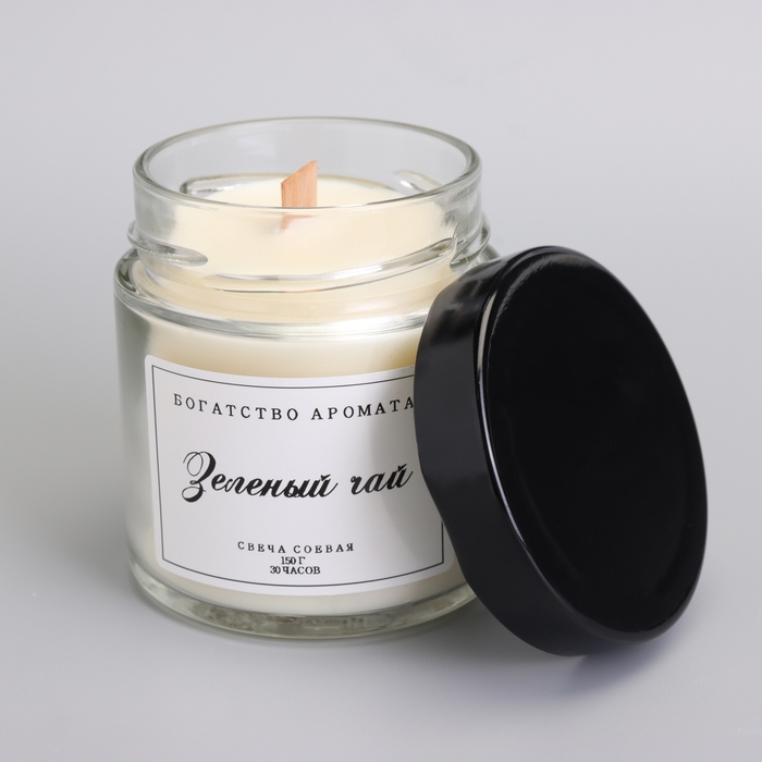 Свеча ароматическая из соевого воска в банке, 150 г, деревянный фитиль, зеленый чай Свеча ароматическая из соевого воска в банке, 150 г, деревянный фитиль, зеленый чай