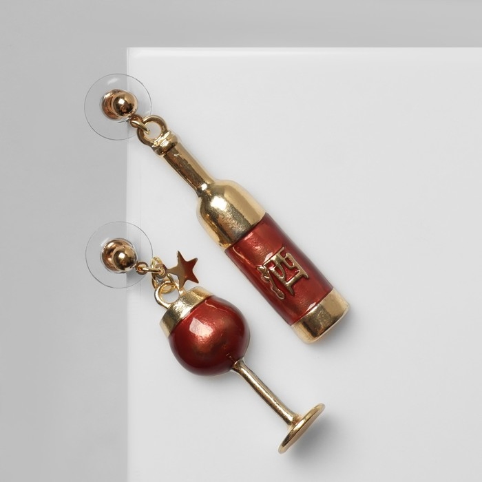 Серьги эмаль «Вино» с бокалом, цвет бордовый в золоте Серьги эмаль «Вино» с бокалом, цвет бордовый в золоте