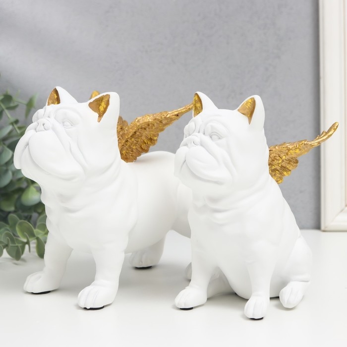 Сувенир полистоун Сувенир полистоун "Бульдоги с крыльями" белый набор 2 шт 16,5х10,5х13,5 16,5х11,5х18,5 см