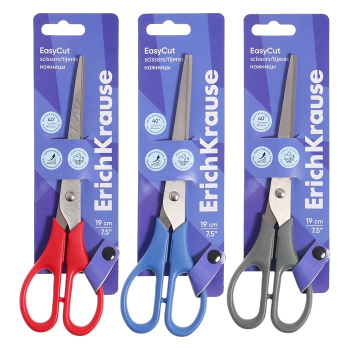 Ножницы ErichKrause EasyCut, 19 см, улучшенная заточка, ударопрочный пластик, блистер, МИКС Ножницы ErichKrause EasyCut, 19 см, улучшенная заточка, ударопрочный пластик, блистер, МИКС
