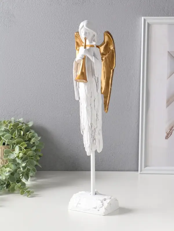 Сувенир полистоун "Ангел с золотыми крыльями играет на дудочке" 8,5х10,5х44 см