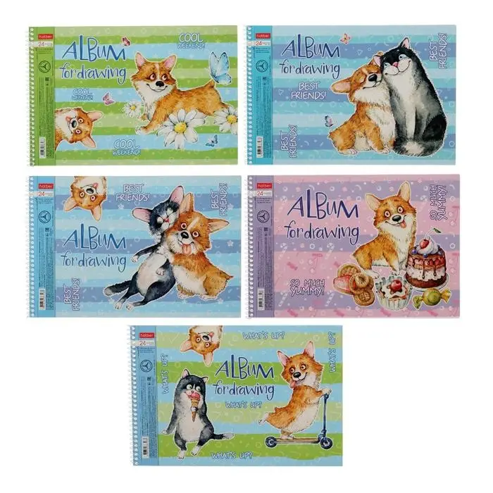 Альбом для рисования А4, 24 листа на гребне &laquo;Из жизни корги&raquo;, обложка мелованный картон, УФ-лак, блок 100 г/м2, перфорация на отрыв, МИКС