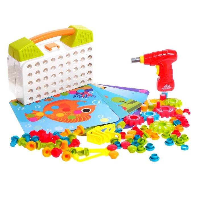 Конструктор винтовой «Пуговки и шестеренки», 3 в 1, с шуруповёртом, 147 деталей и 12 карточек Конструктор винтовой «Пуговки и шестеренки», 3 в 1, с шуруповёртом, 147 деталей и 12 карточек