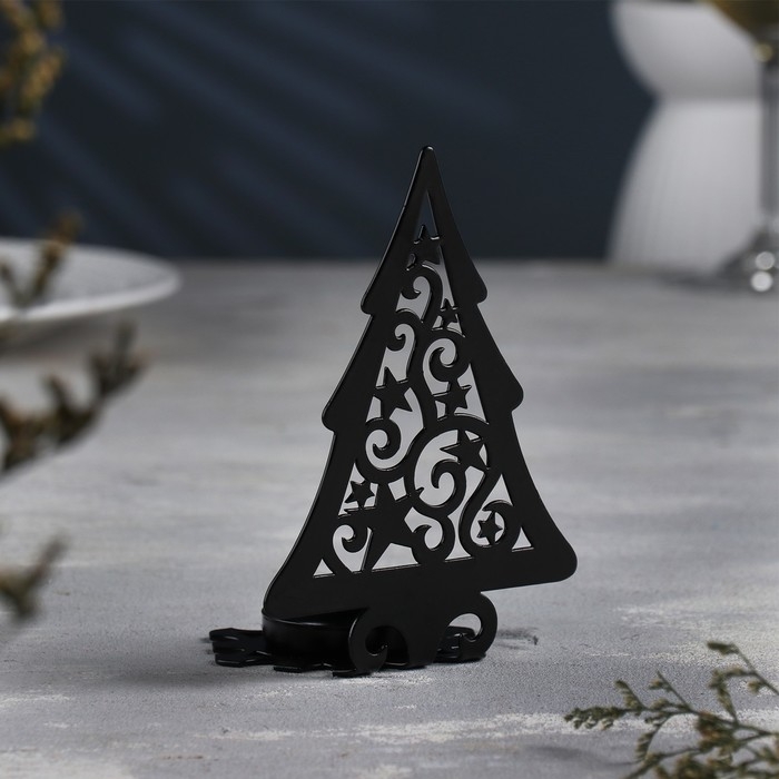 Новый год Подсвечник Новый год Подсвечник "Ёлка со звездами" металл на одну свечу, 6,6х10х13 см, черный