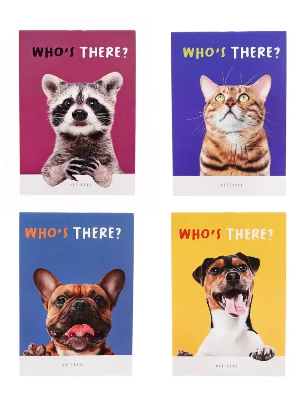 Блокнот А6, 32 листа в клетку на скрепке "Кто здесь?", обложка мелованный картон, блок офсет, МИКС