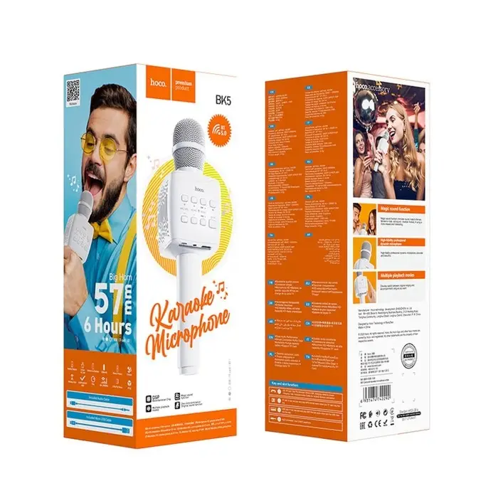 Микрофон для караоке Hoco BK5, 5 Вт, 1200 мАч, BT 5.0, microSD, USB, коррекция голоса, белый