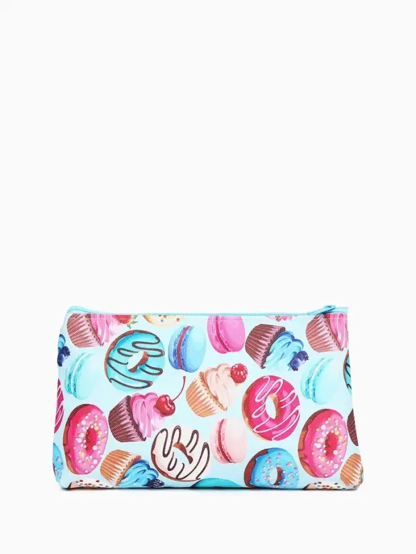Косметичка - пенал на молнии, плоская, маленькая, с ярким принтом, голубая